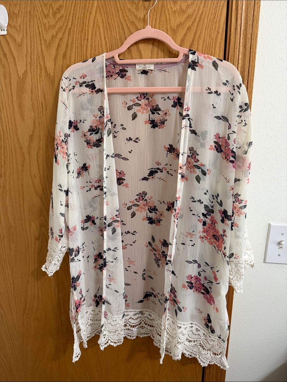 Sheer Floral Lace-Trim Kimono Robe - White with Pink Floral